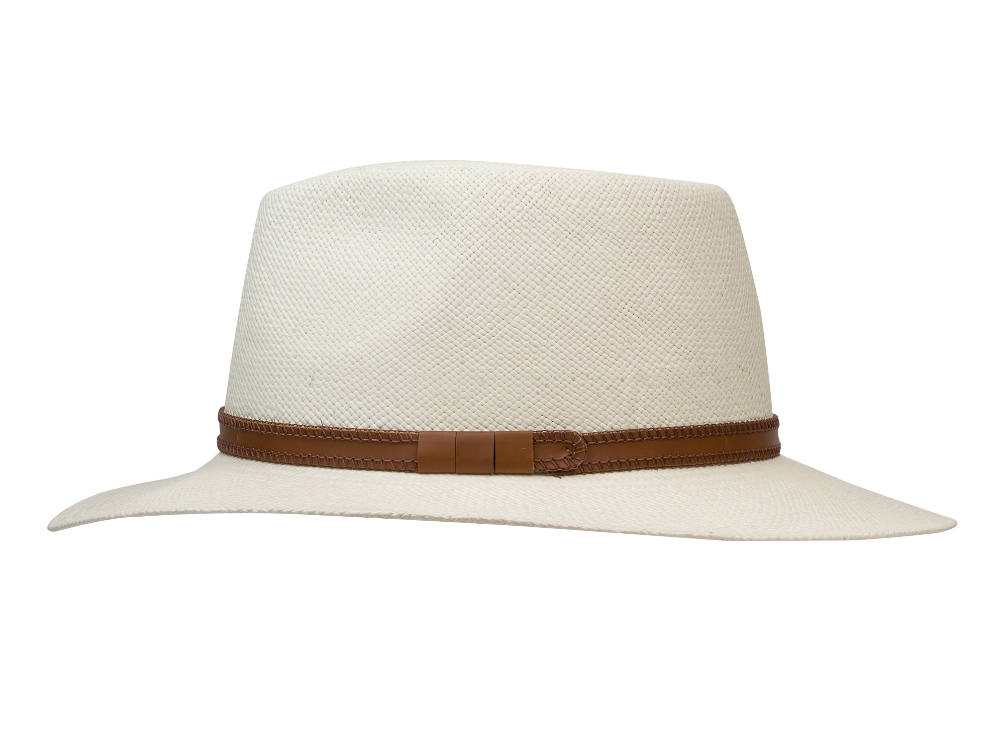 White straw hat with a brown band on a white background