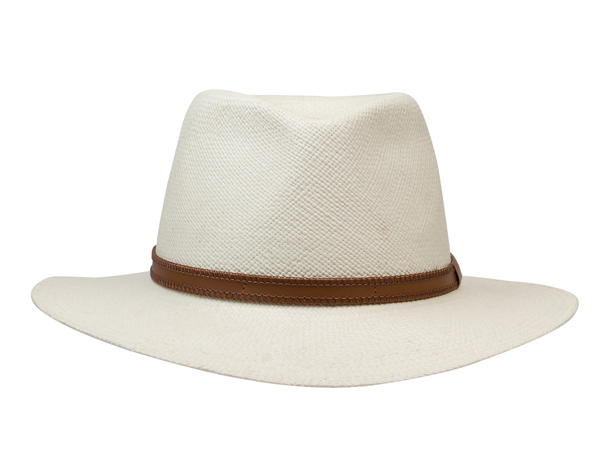 White straw hat with a brown band on a white background