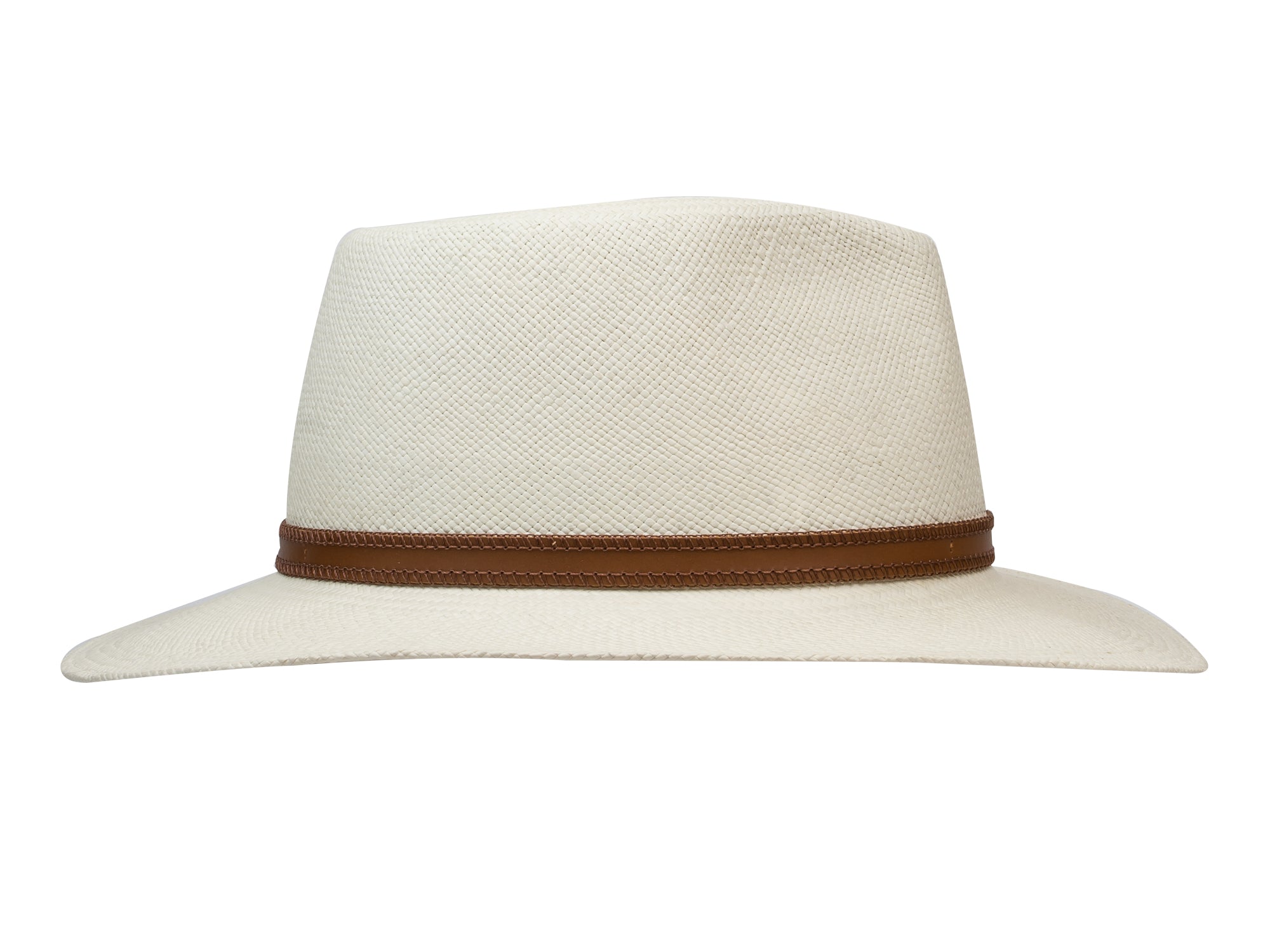 White straw hat with a brown band on a white background