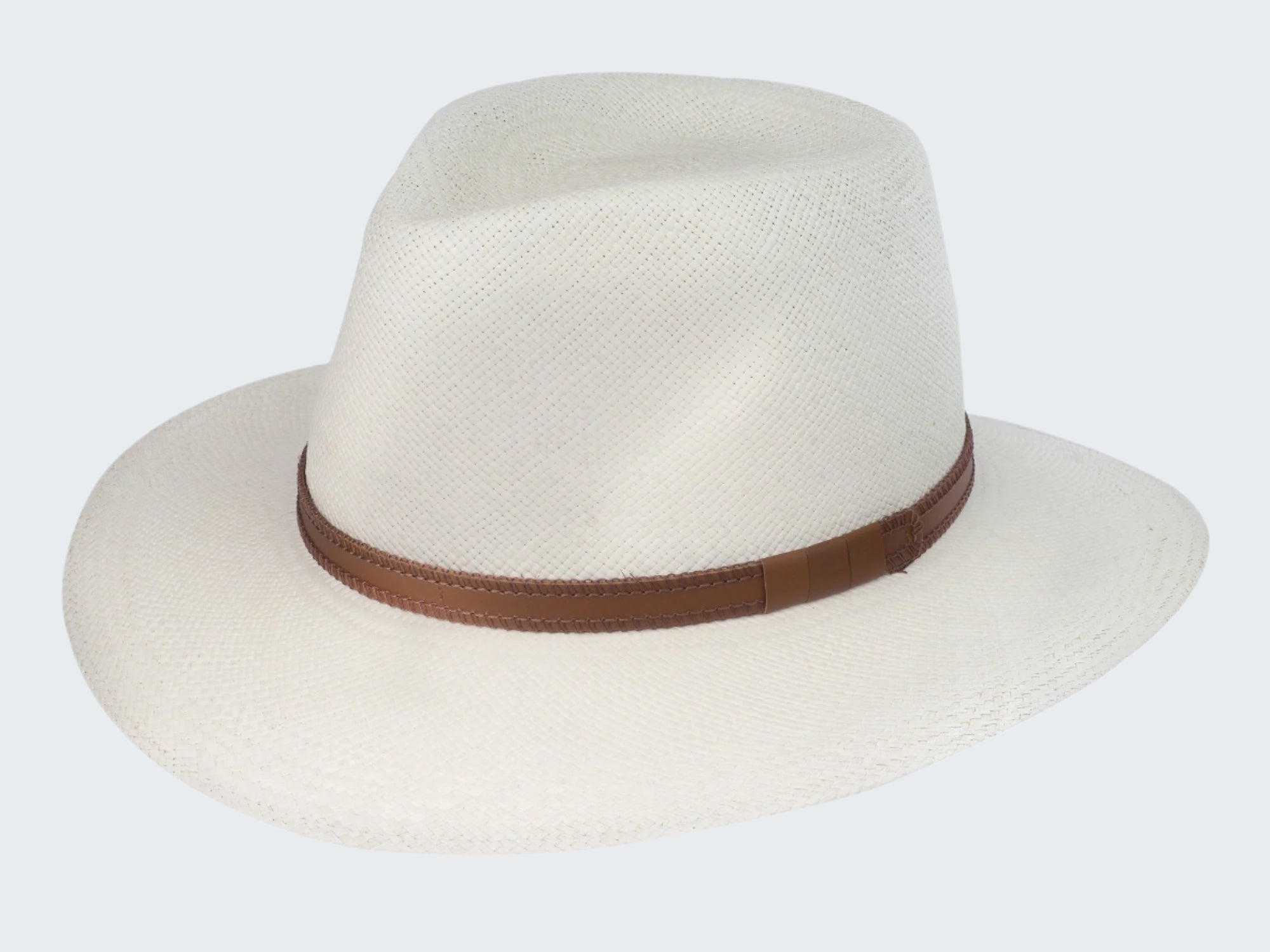 White straw hat with a brown band on a white background