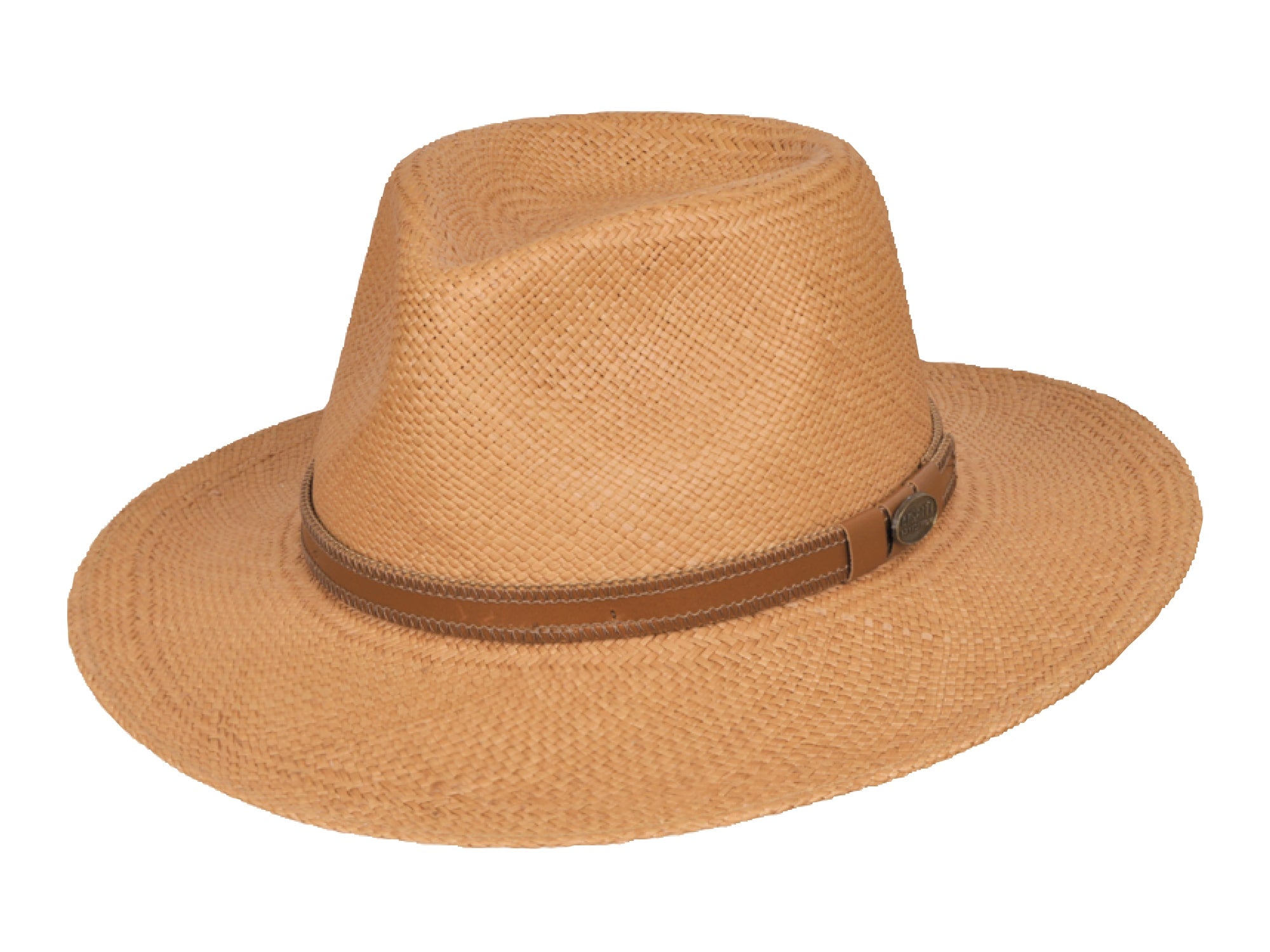Brown straw hat with a brown band on a white background