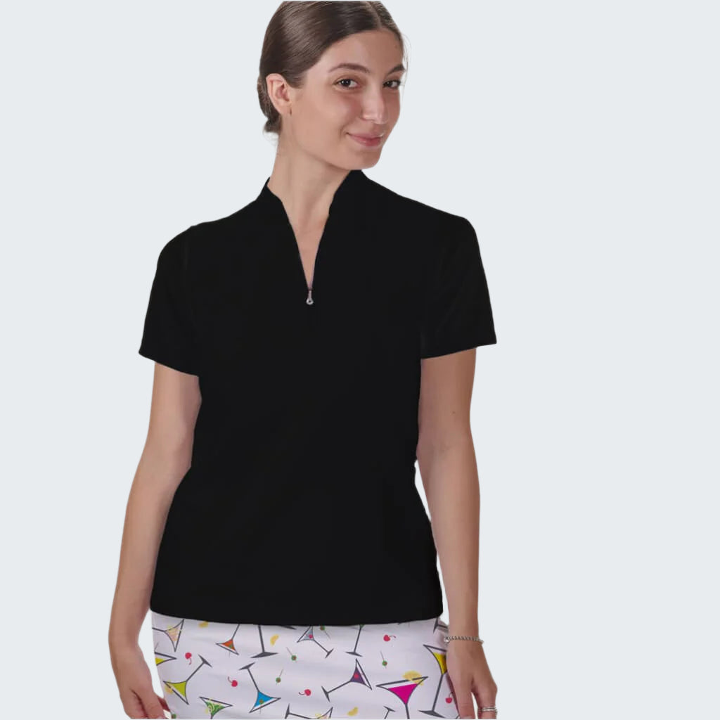 Woman wearing a black polo shirt with a white background