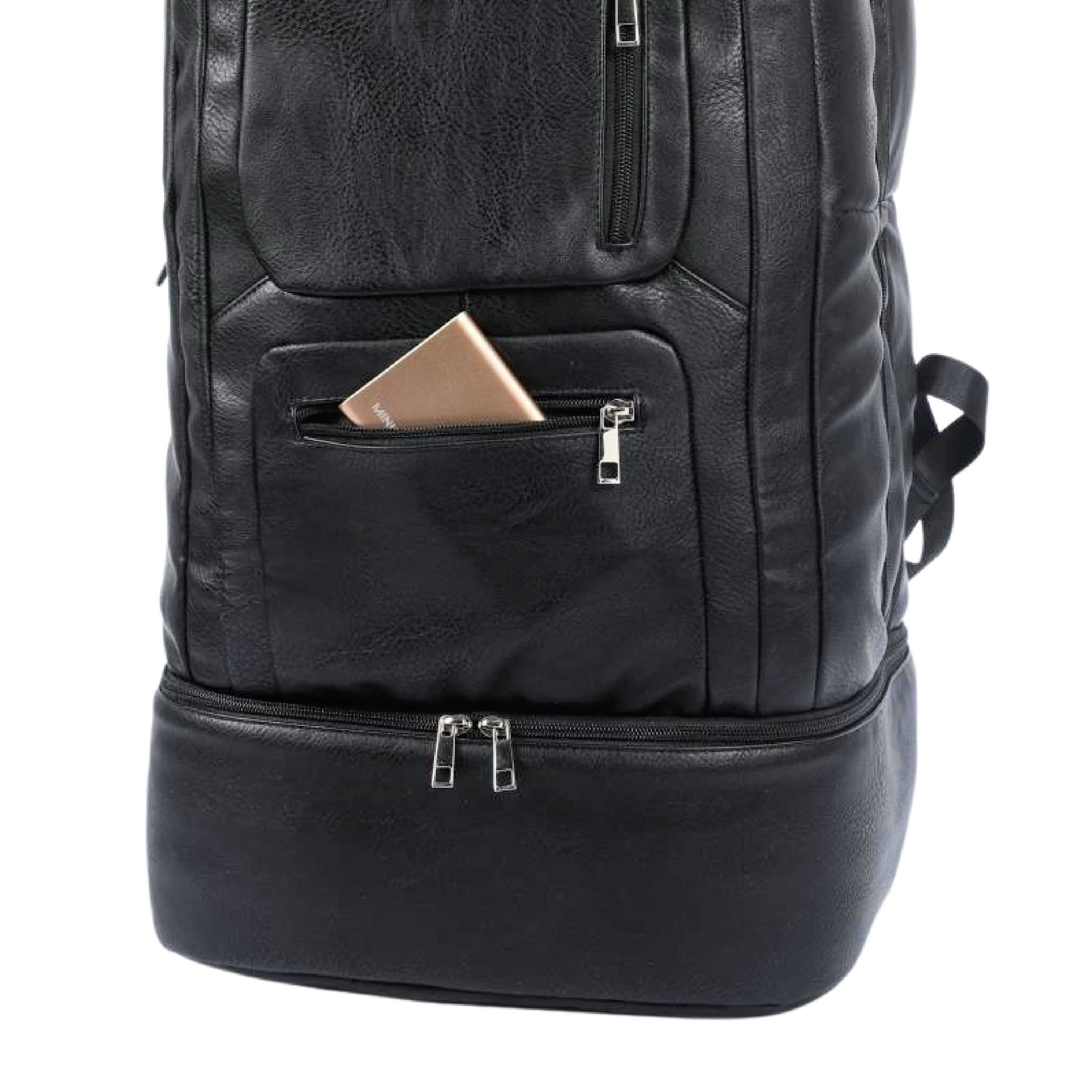 Black leather backpack with a front pocket on a white background