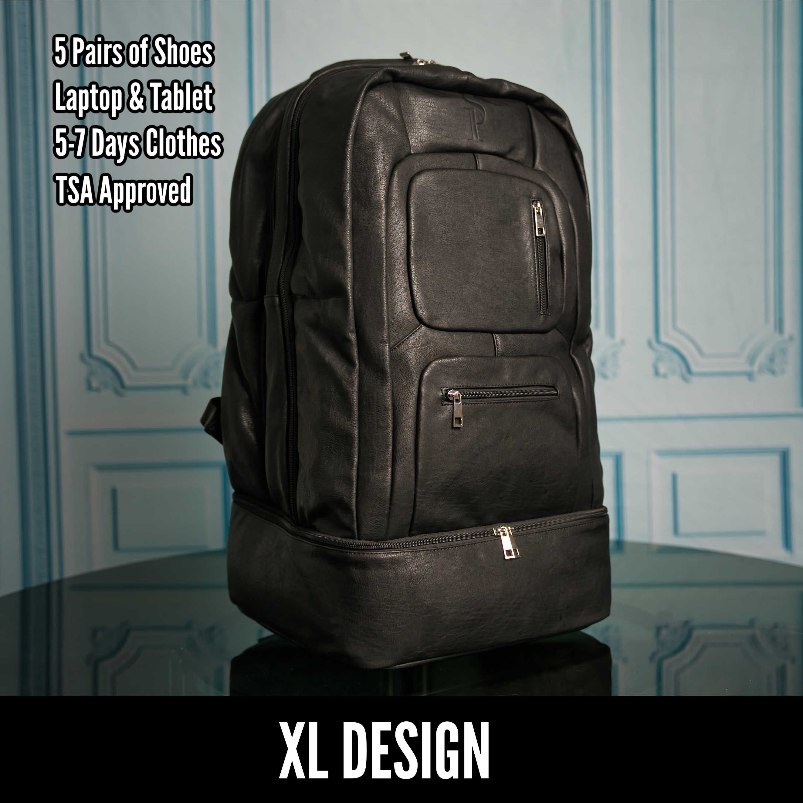 Black backpack with text about its features on a reflective surface with a light blue wall background.