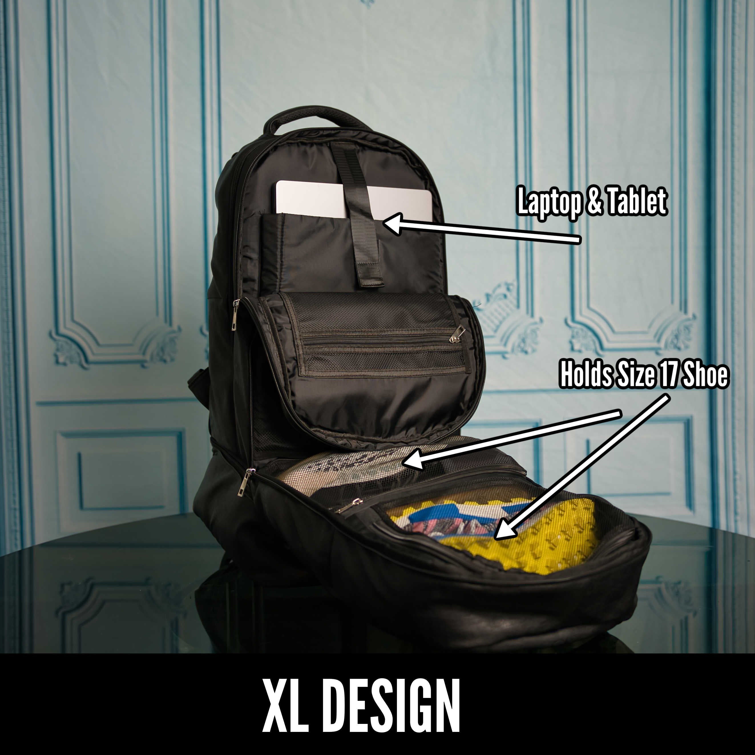 Black backpack with labeled compartments on a decorative wall background