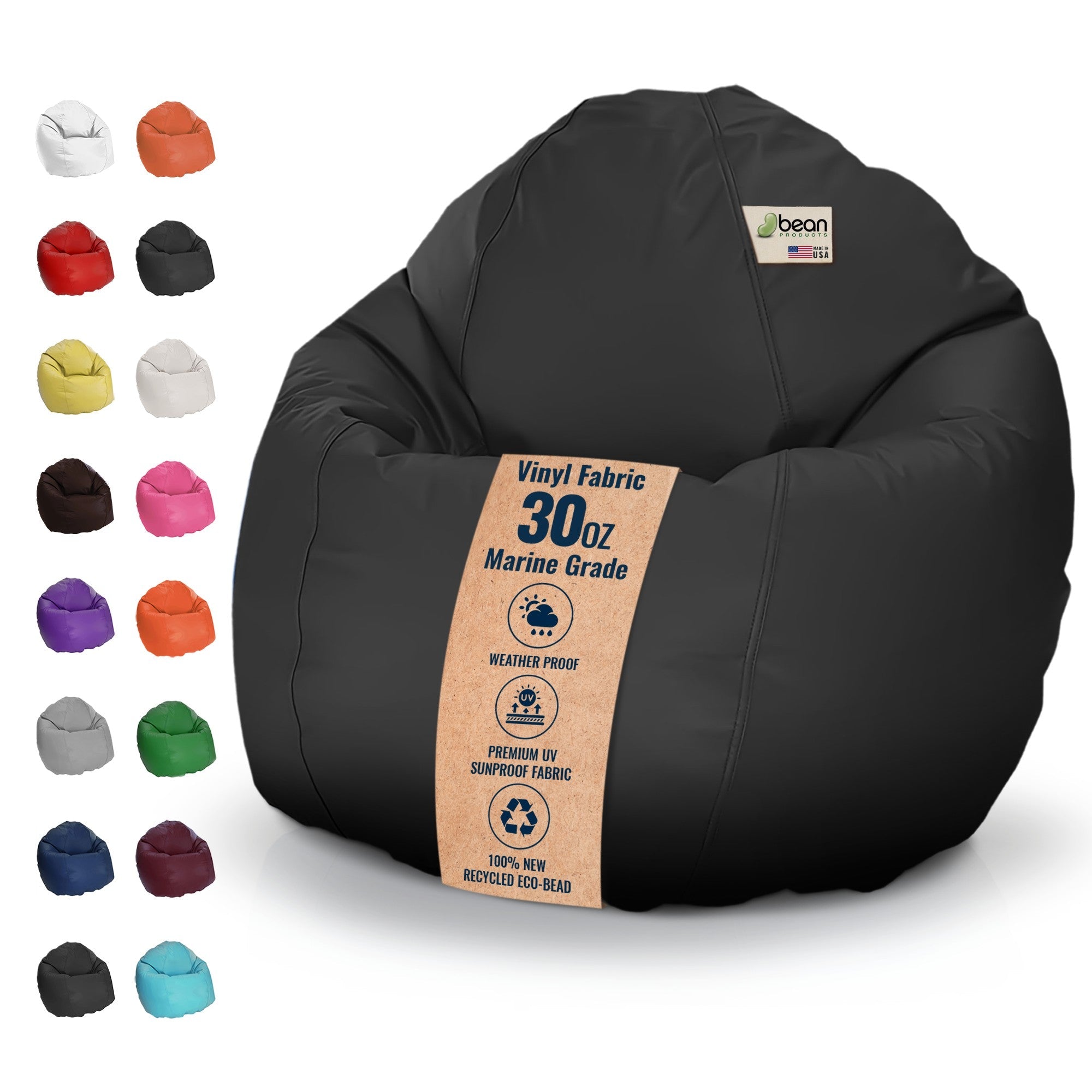 Black bean bag chair with vinyl fabric and durability label, surrounded by color swatches on a white background.