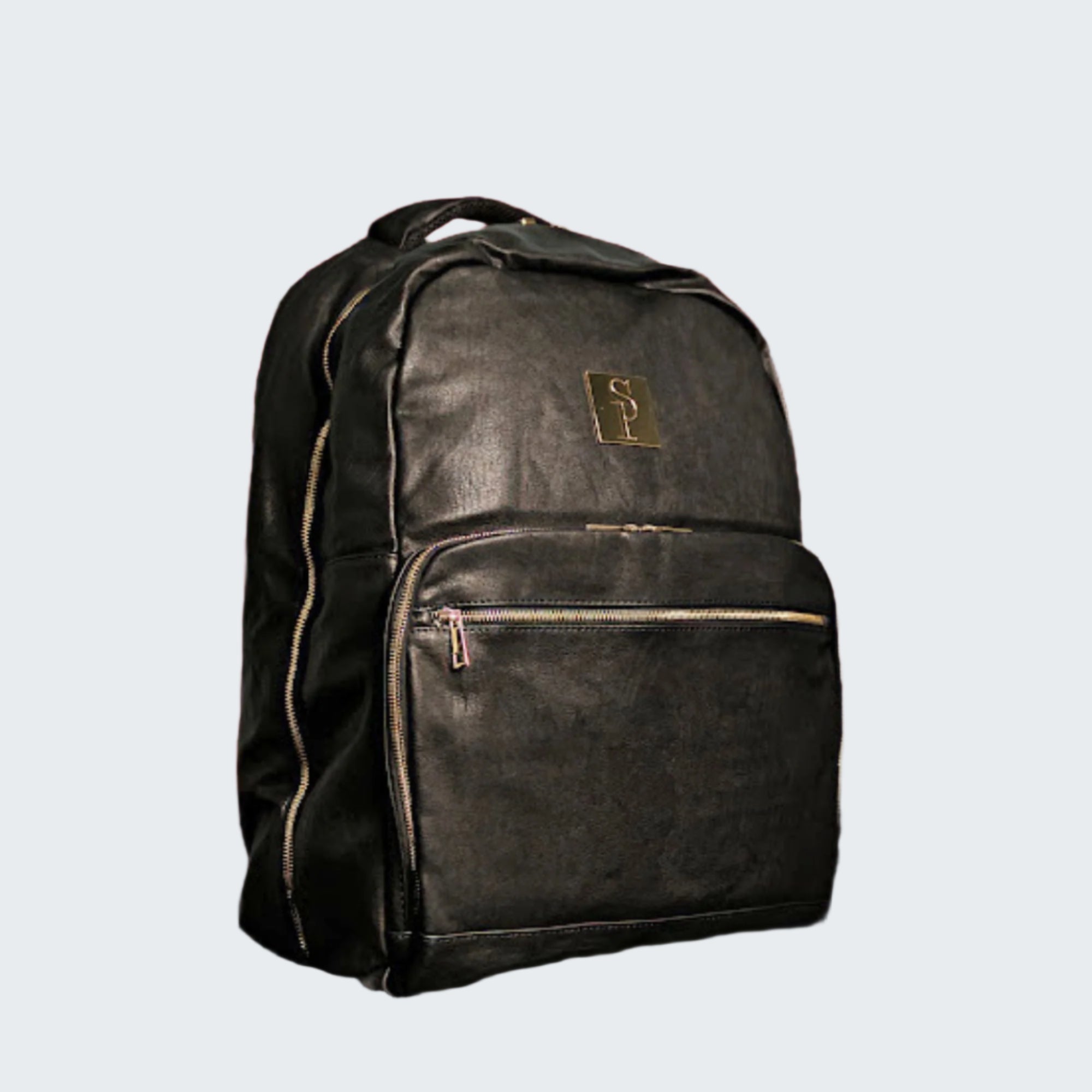 Black backpack with a logo on a red background
