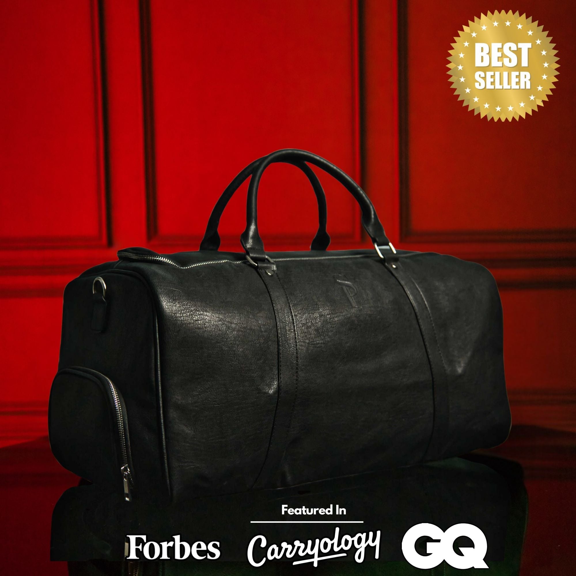 Black leather duffel bag on a red background with 'Best Seller' label and magazine logos.