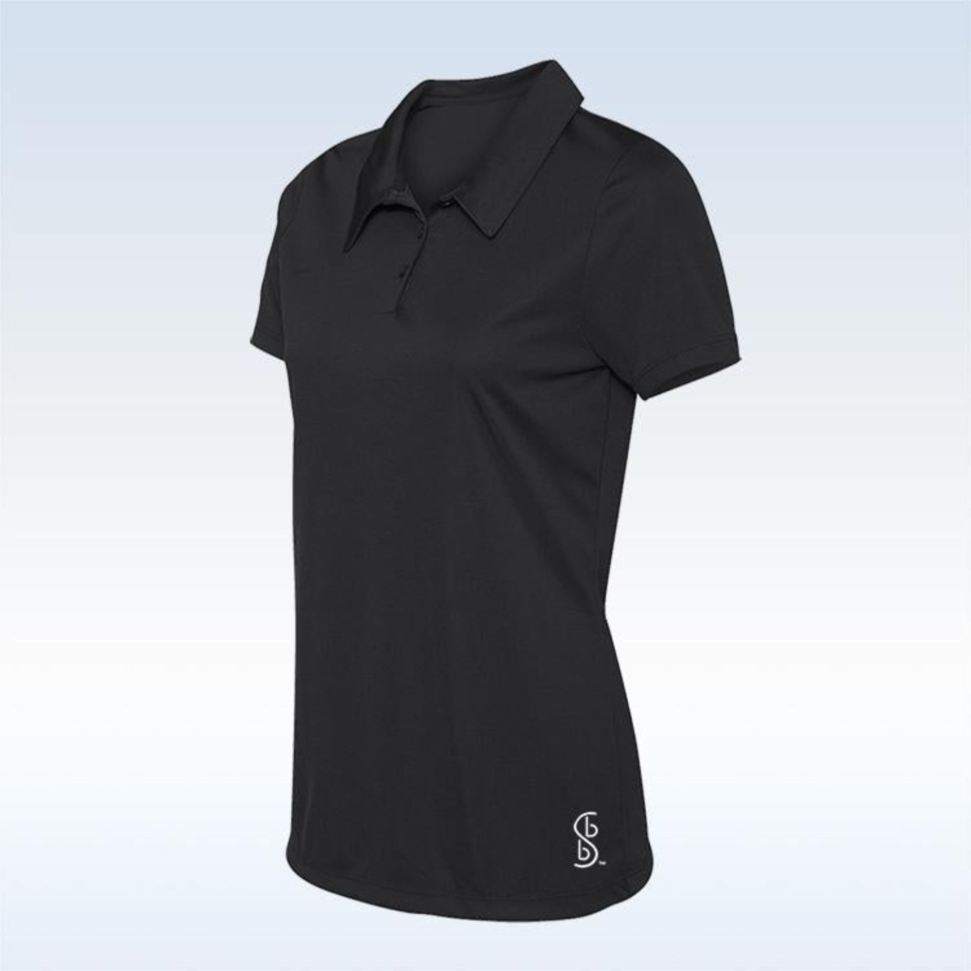 Black polo shirt with a logo on a light blue background