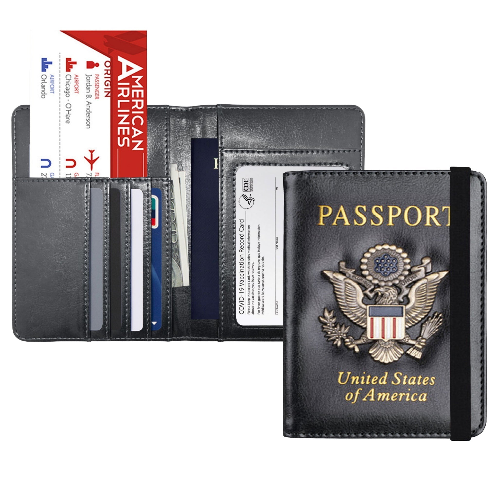 RFID Blocking Leather Passport Wallet With Vaccination Card Slot