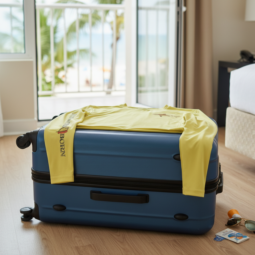 Yellow long-sleeve shirt with fish design and 'Saltwater Born' text on a white background
