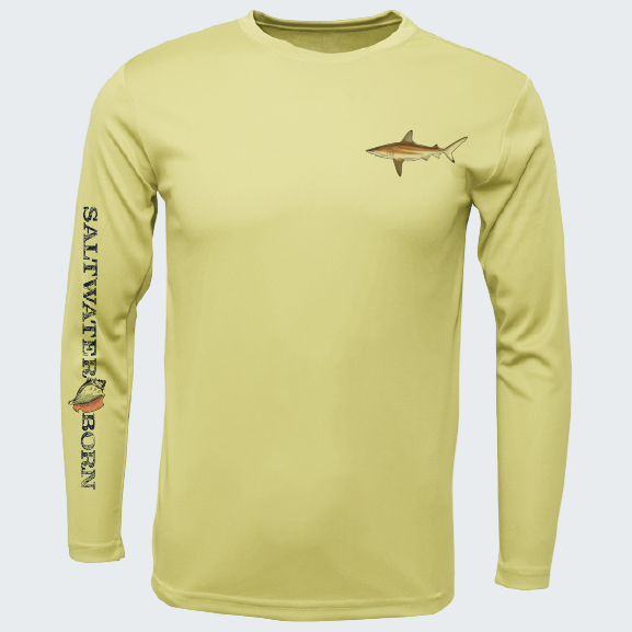 Yellow long-sleeve shirt with fish design and 'Saltwater Born' text on a white background