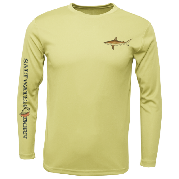 Yellow long-sleeve shirt with fish design and 'Saltwater Born' text on a white background