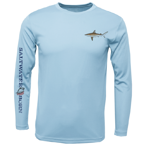 Light blue long-sleeve shirt with shark design and 'Saltwater Born' text on sleeves, on a white background.