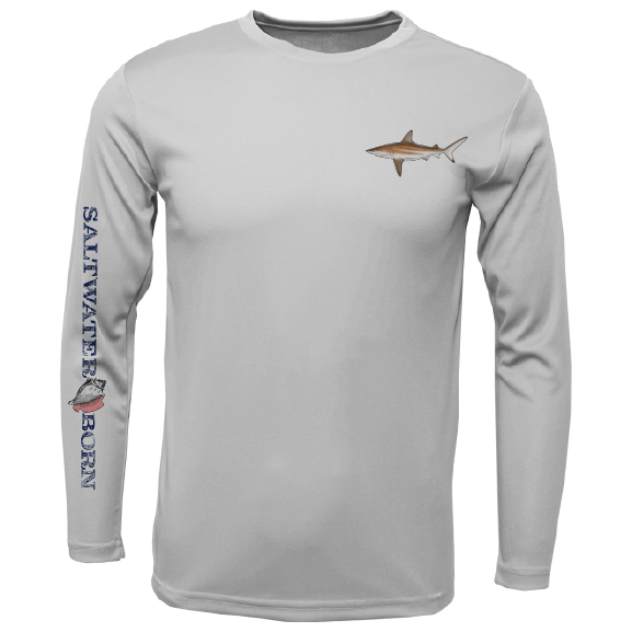 Gray long-sleeve shirt with shark design and 'Saltwater Born' text on sleeve, on a white background.
