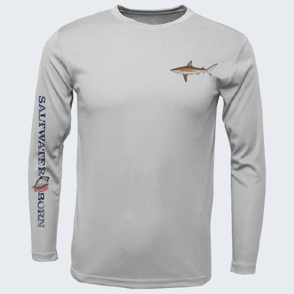 Gray long-sleeve shirt with shark design and 'Saltwater Born' text on sleeve, on a white background.