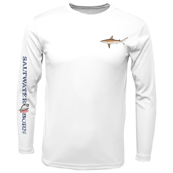 White long-sleeve shirt with fish graphics and 'Saltwater Born' text on a white background