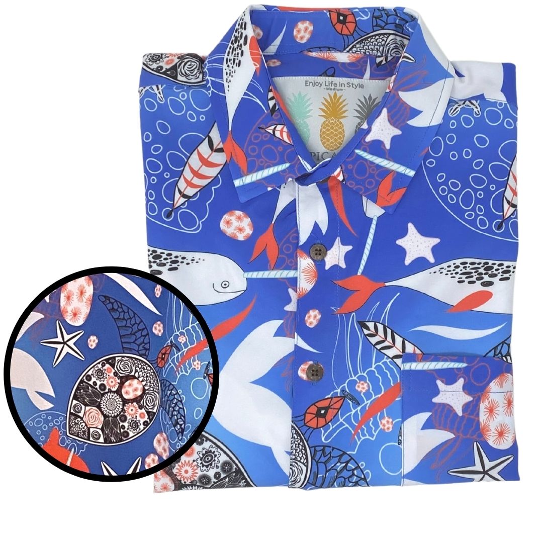Colorful shirt with ocean-themed pattern on a white background