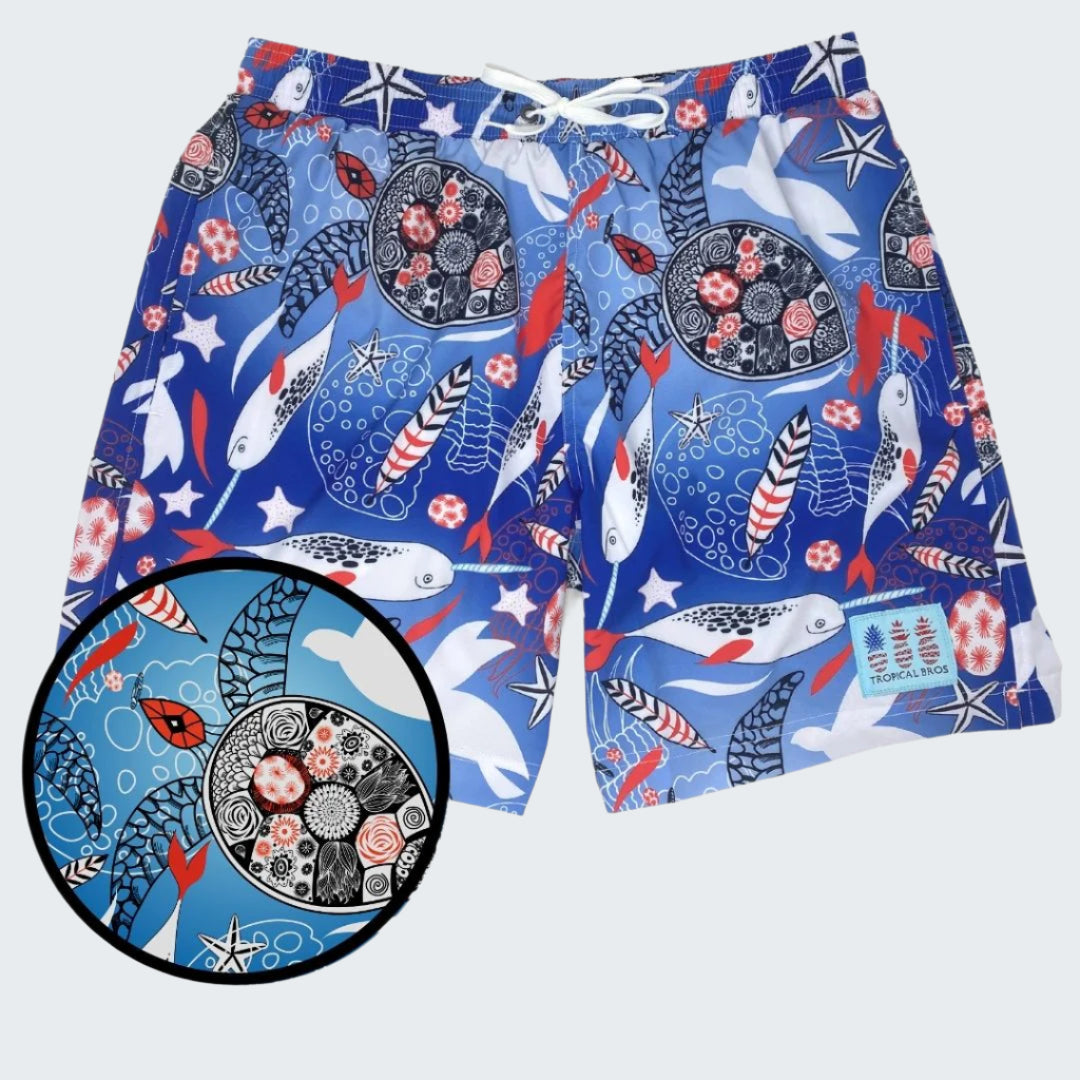 Colorful swim shorts with a detailed pattern on a white background