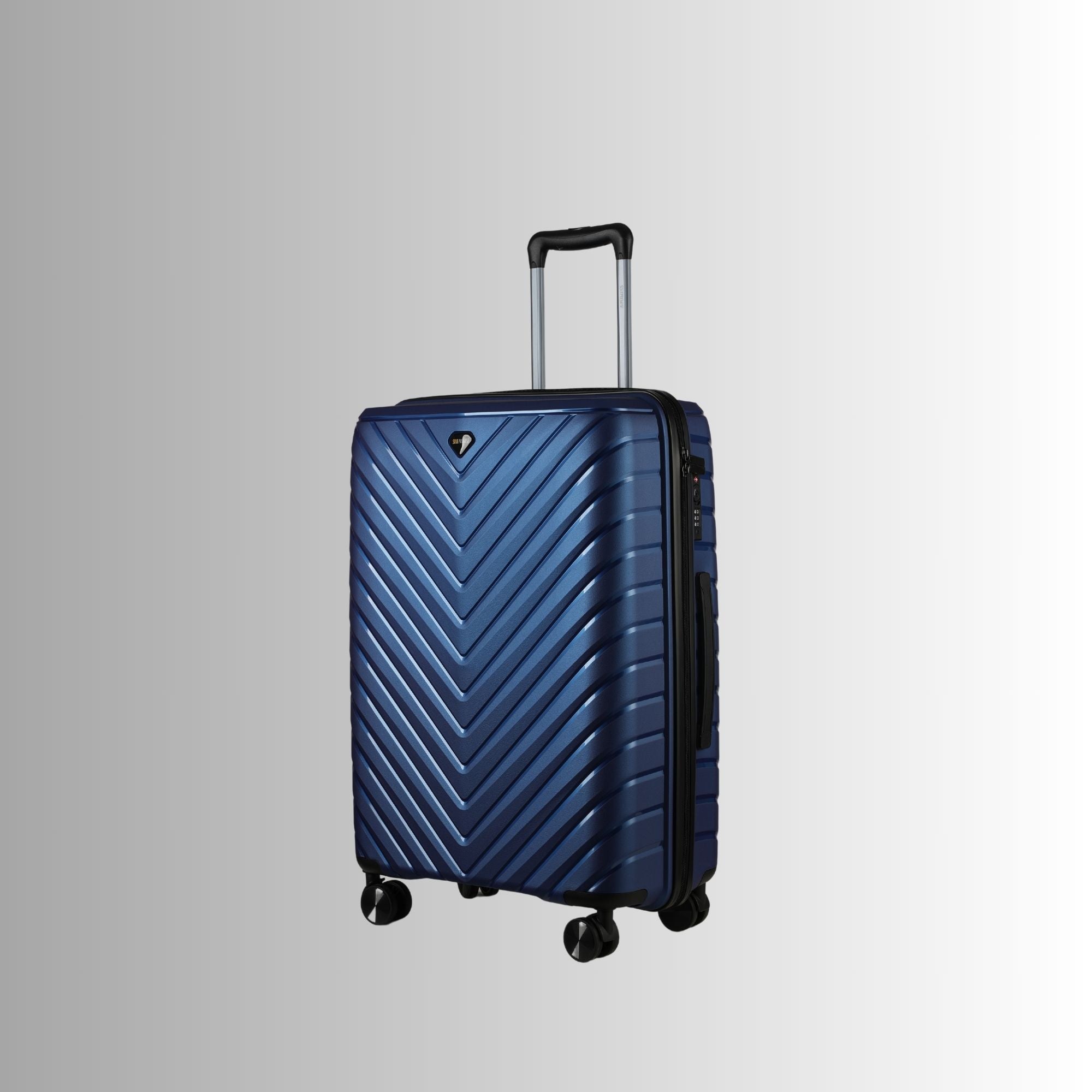 Blue suitcase with a chevron pattern on a light gray background