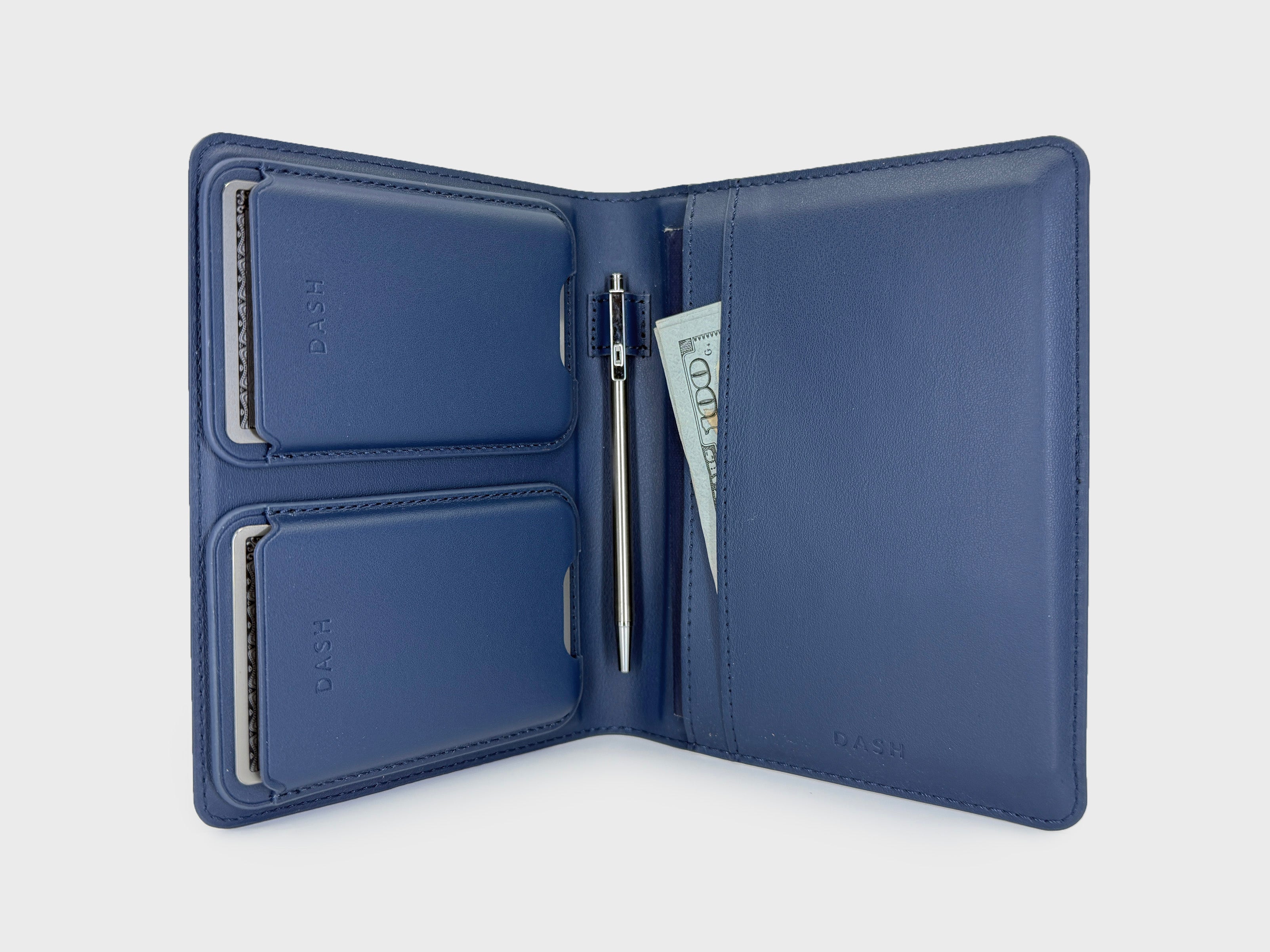 Blue leather wallet with a pen and money on a light gray background