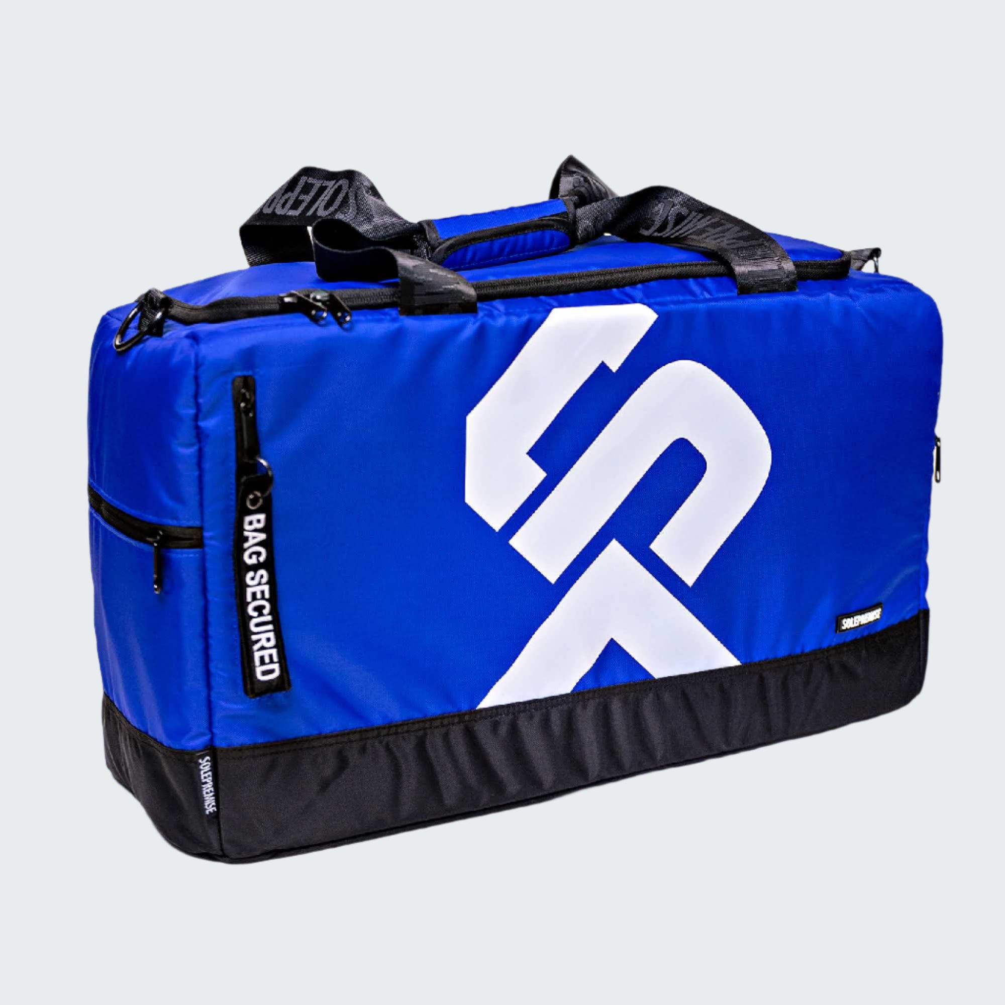 Blue duffel bag with black accents and a prominent logo on a white background