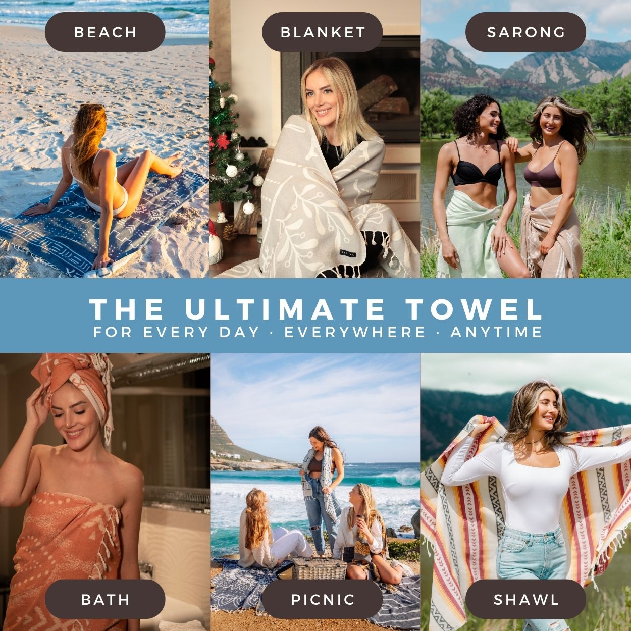Collage of people using towels for beach, blanket, sarong, bath, picnic, and shawl purposes.
