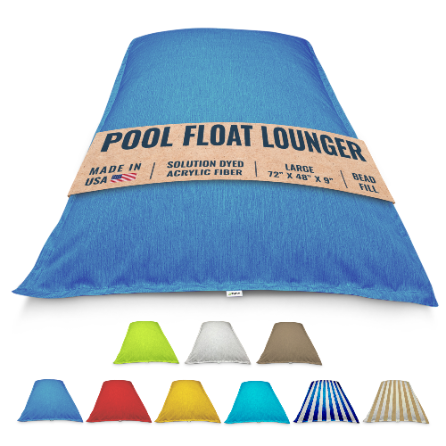Blue pool float lounger with packaging label on a white background