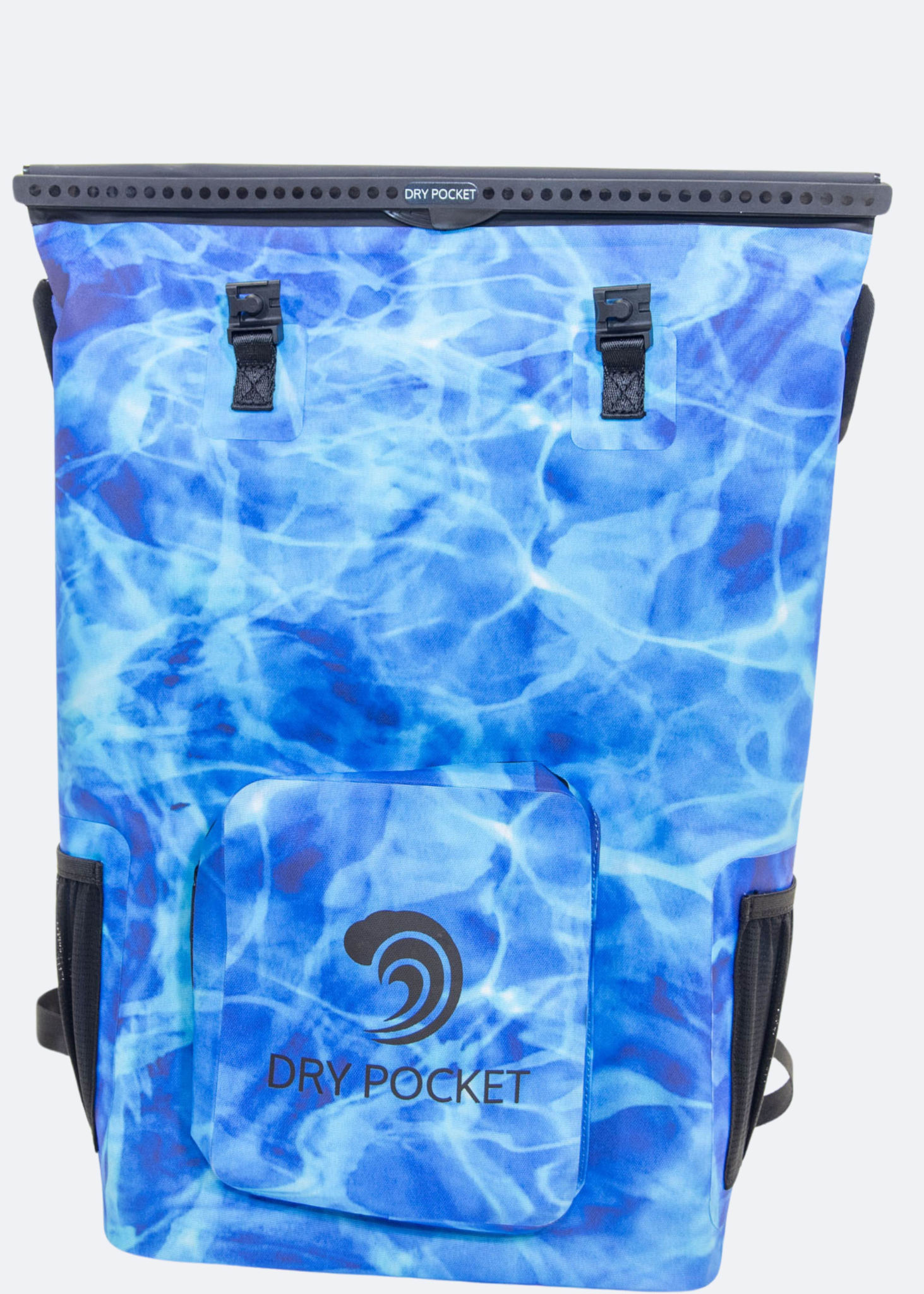 Blue water-patterned backpack with 'Dry Pocket' branding on a white background