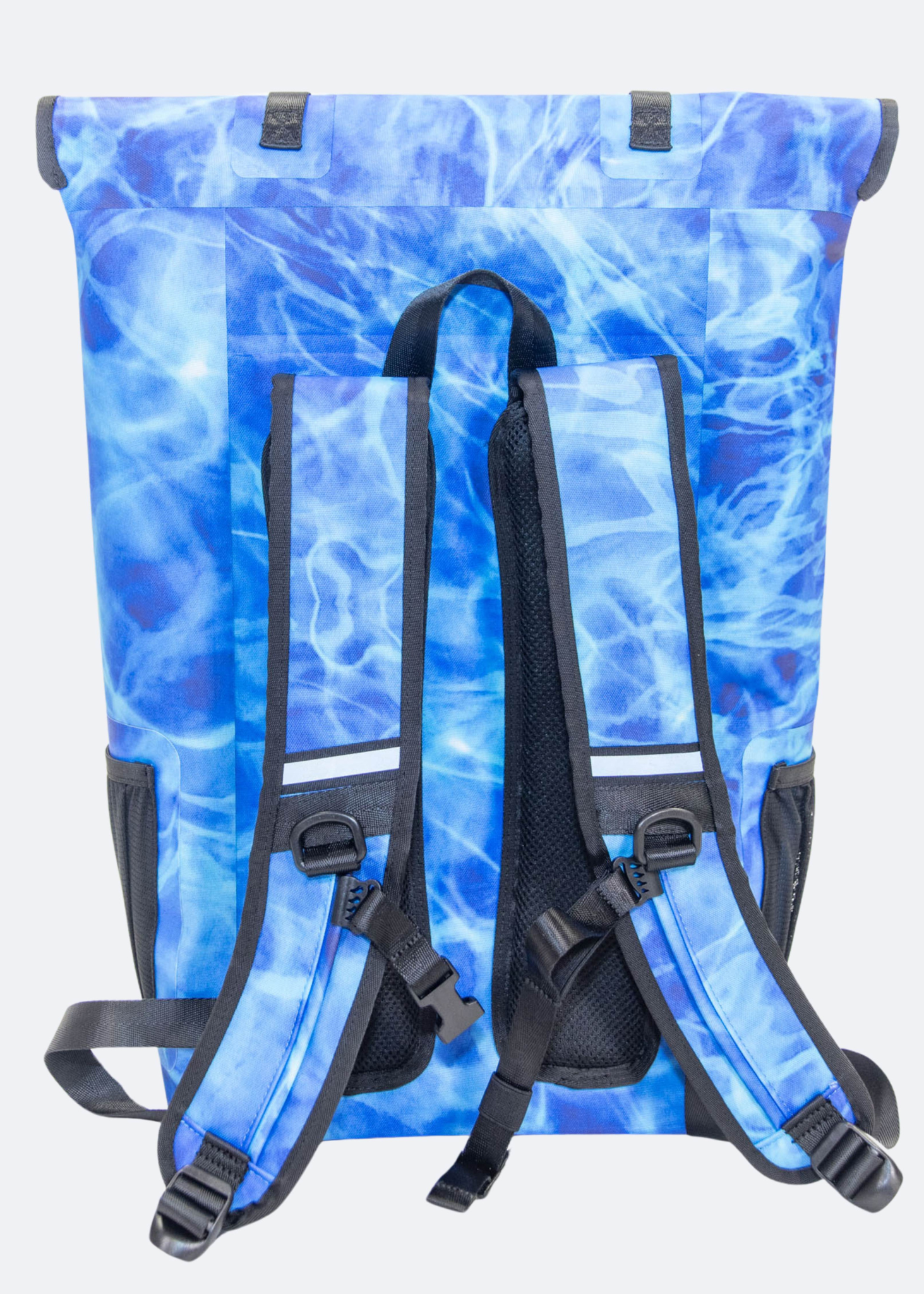 Blue and black backpack with a watercolor pattern on a white background