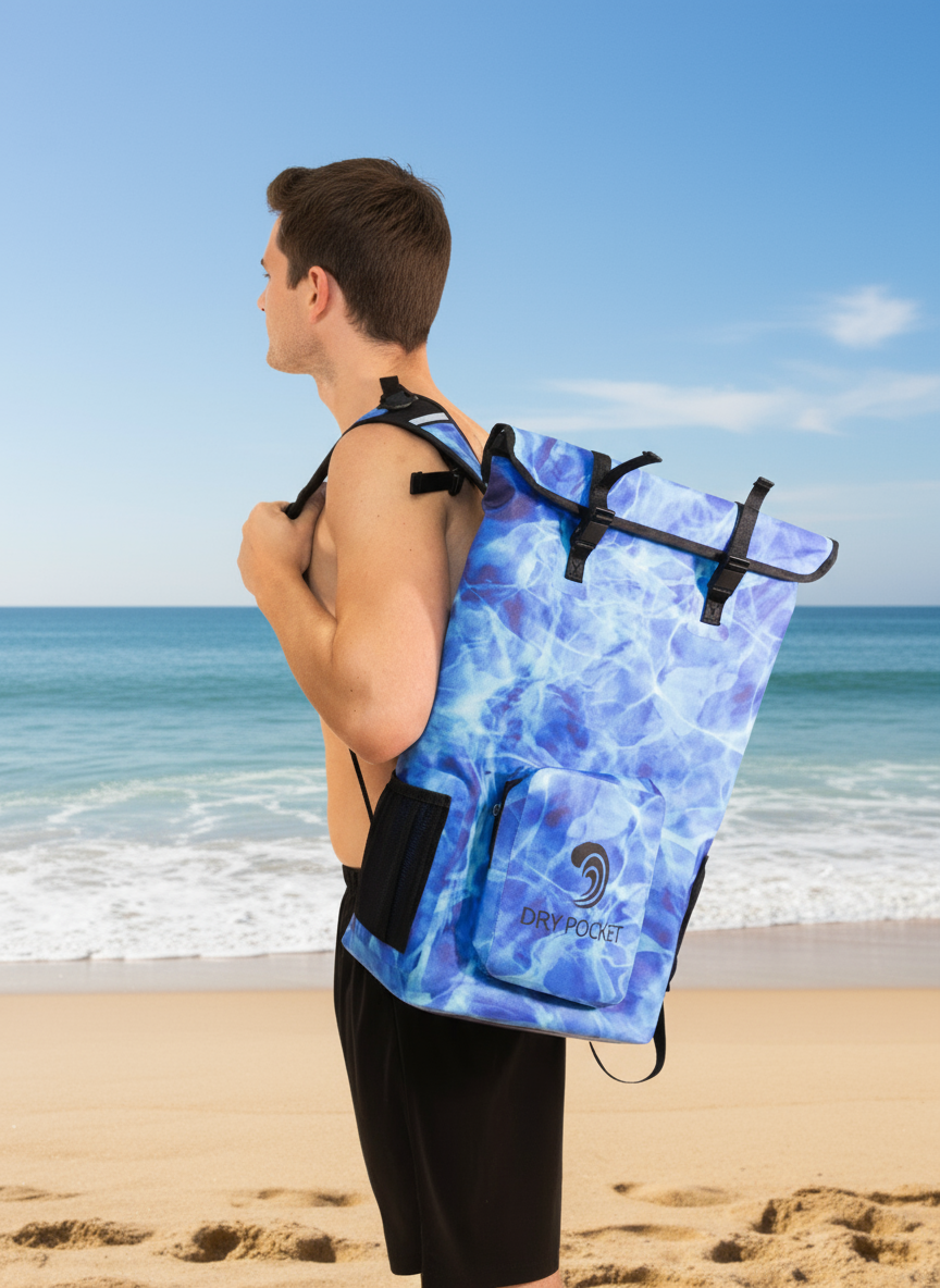 Person wearing a blue watercolor-patterned backpack with 'Dry Pocket' branding.