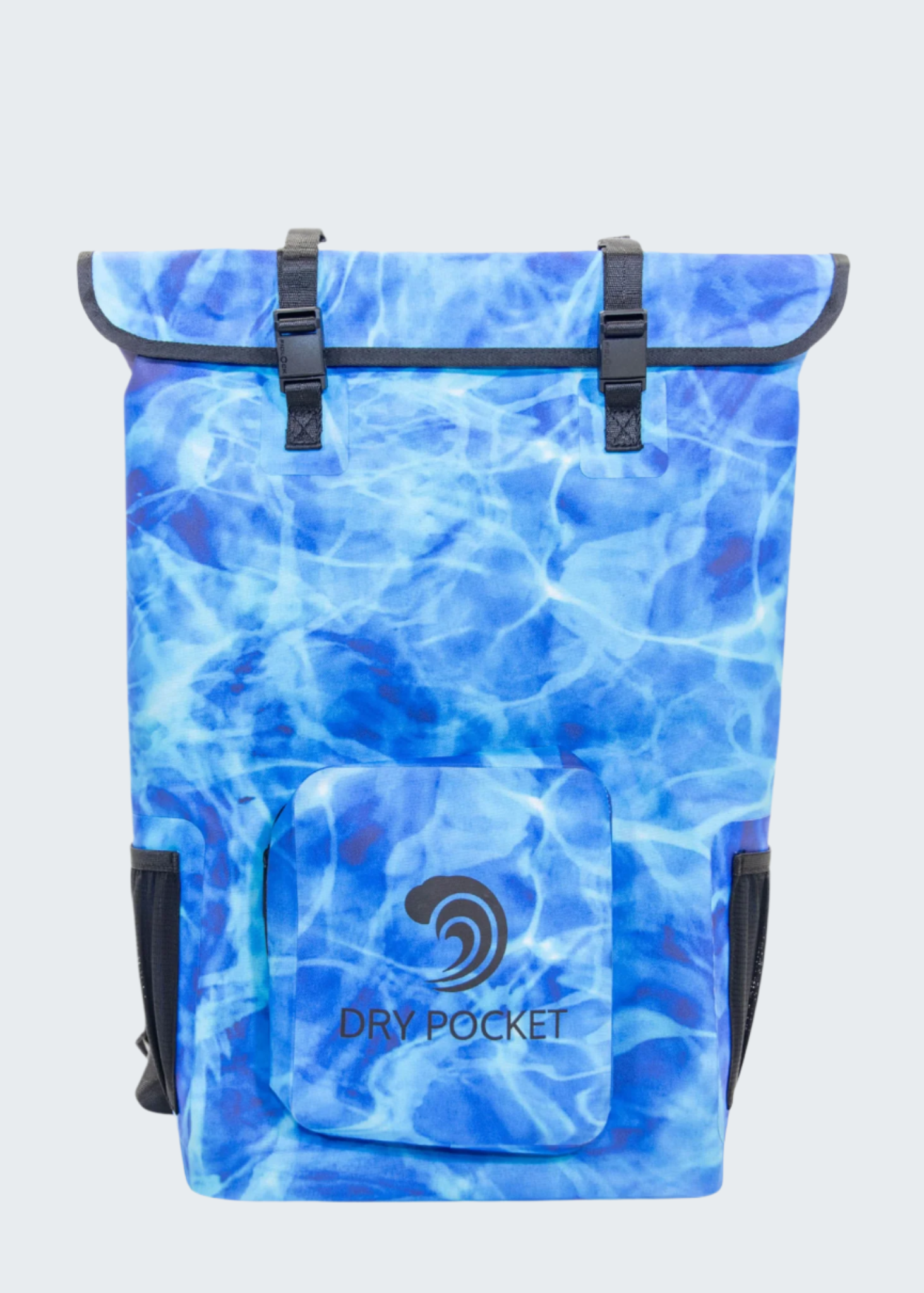 Blue water-patterned backpack with 'Dry Pocket' logo on a light gray background