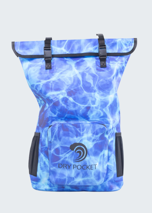 Blue water patterned backpack with 'Dry Pocket' branding on a white background
