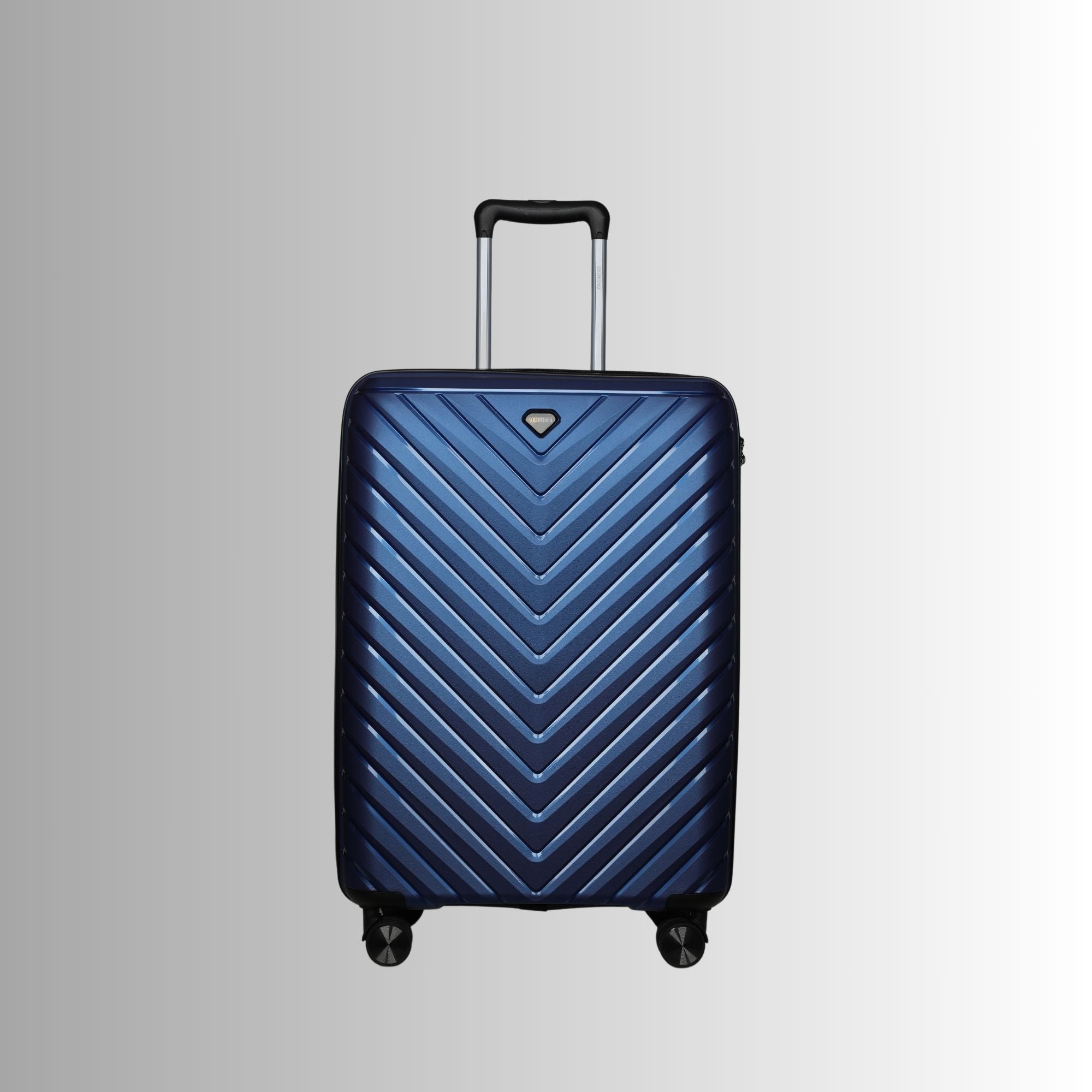 Blue suitcase with a chevron pattern on a gray background