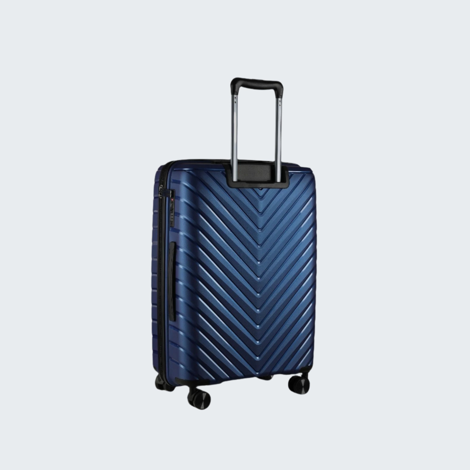 Blue suitcase with a chevron pattern on a light gray background