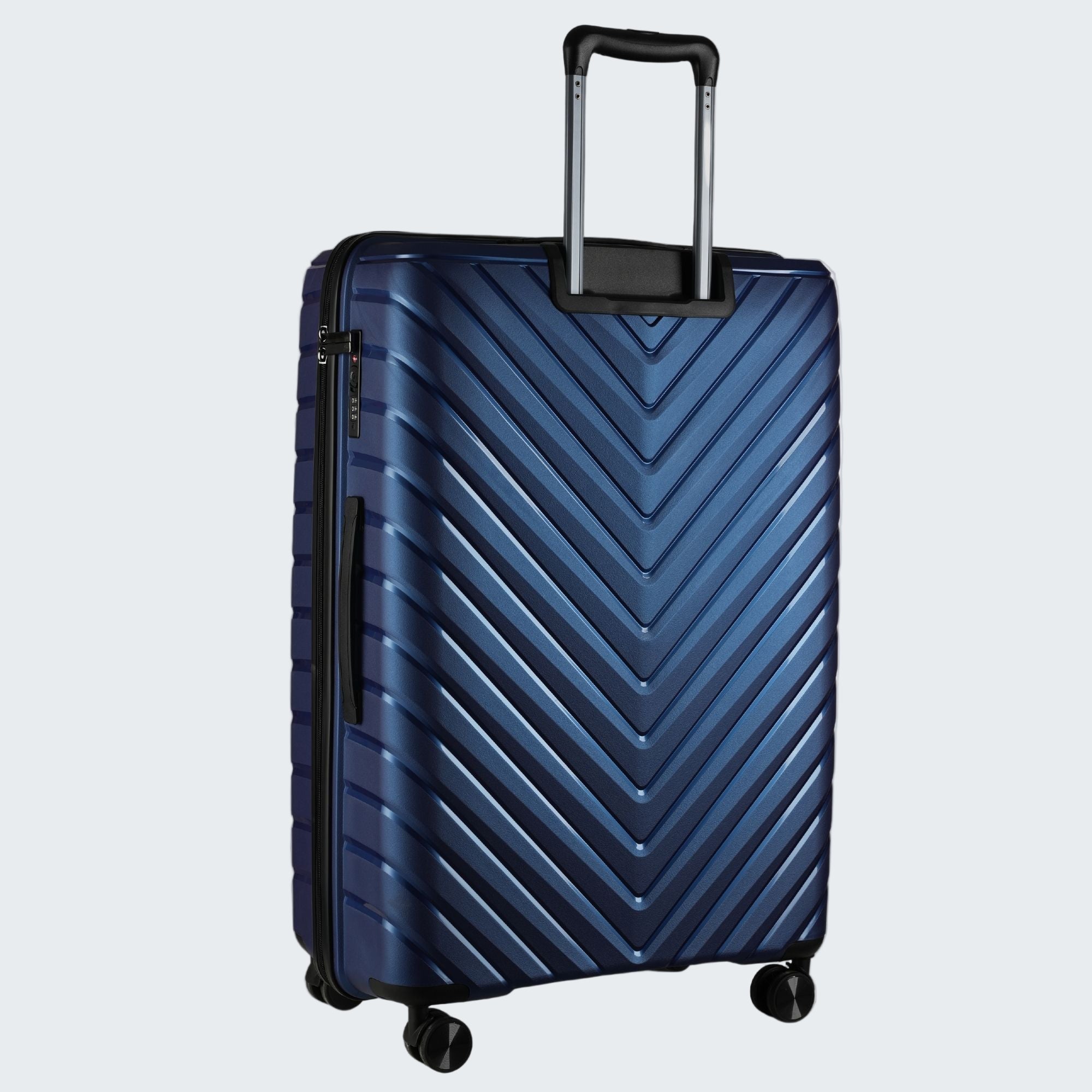 Blue suitcase with a chevron pattern on a light gray background
