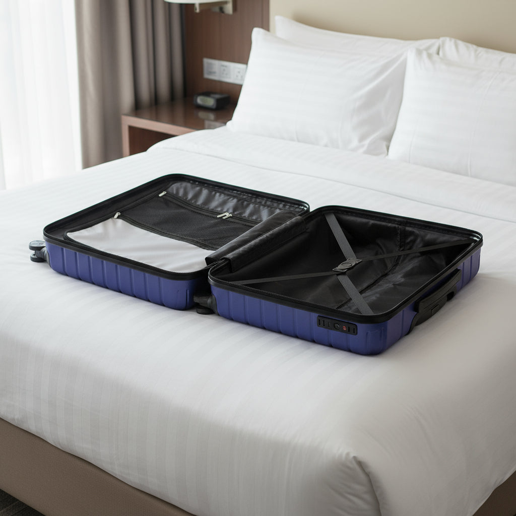 Open suitcase with blue exterior and black interior on a light gray background
