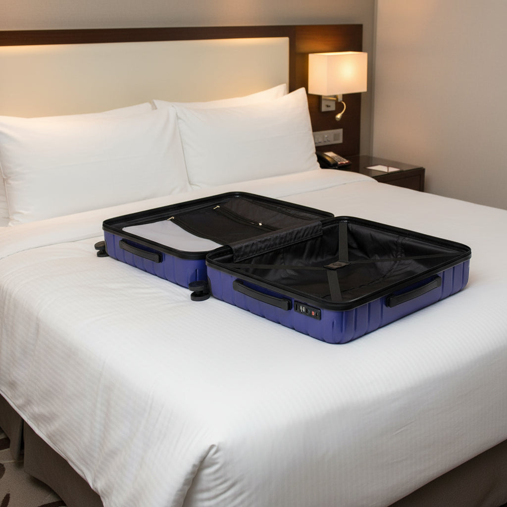 Open suitcase with blue exterior and black interior on a light gray background