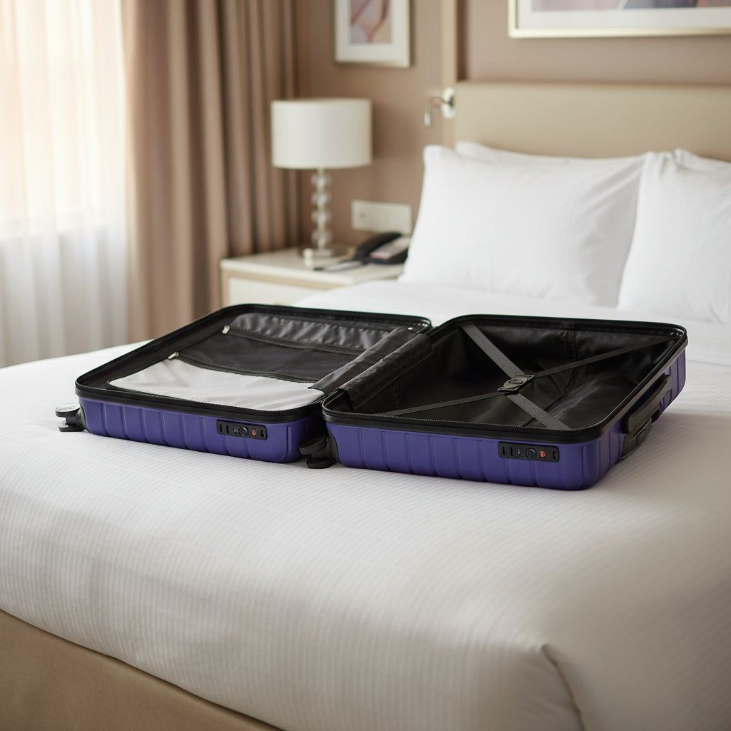 Open suitcase with blue exterior and black interior on a light gray background