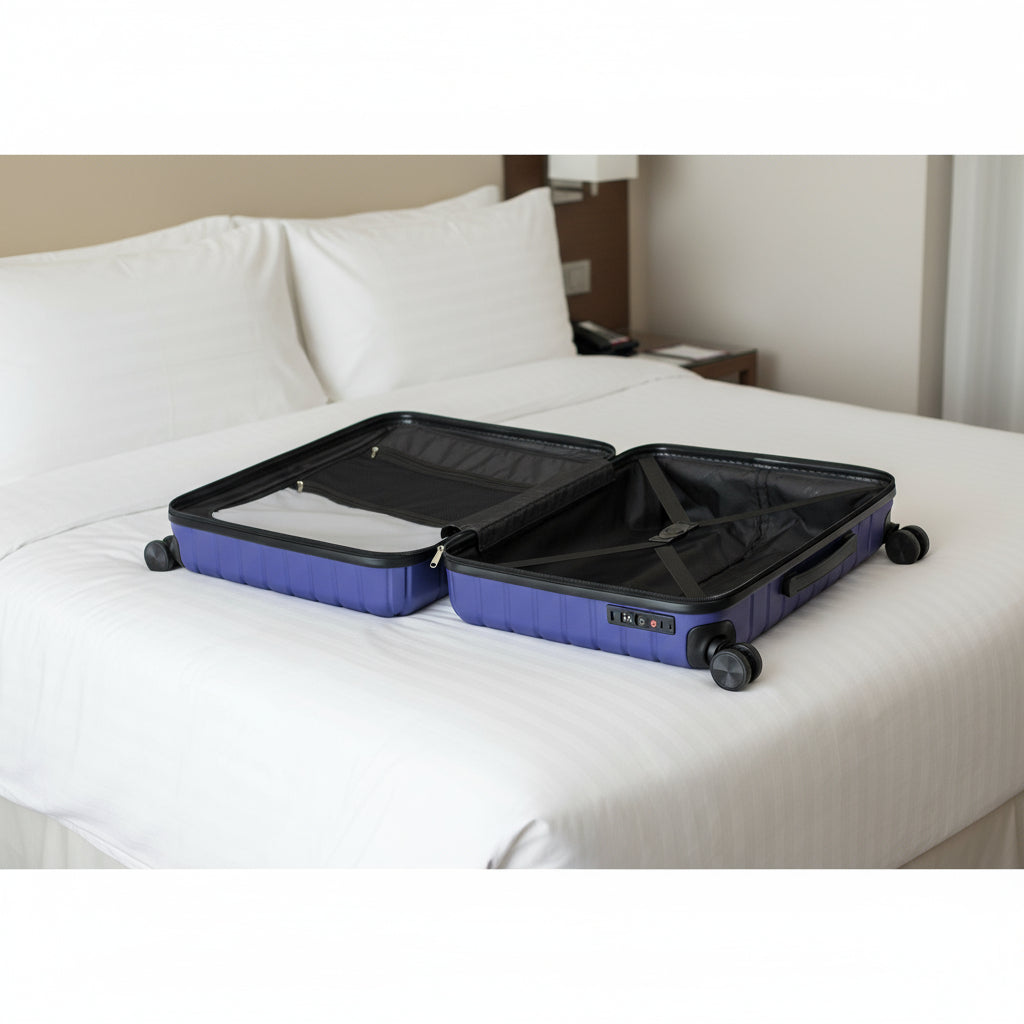 Open suitcase with blue exterior and black interior on a light gray background