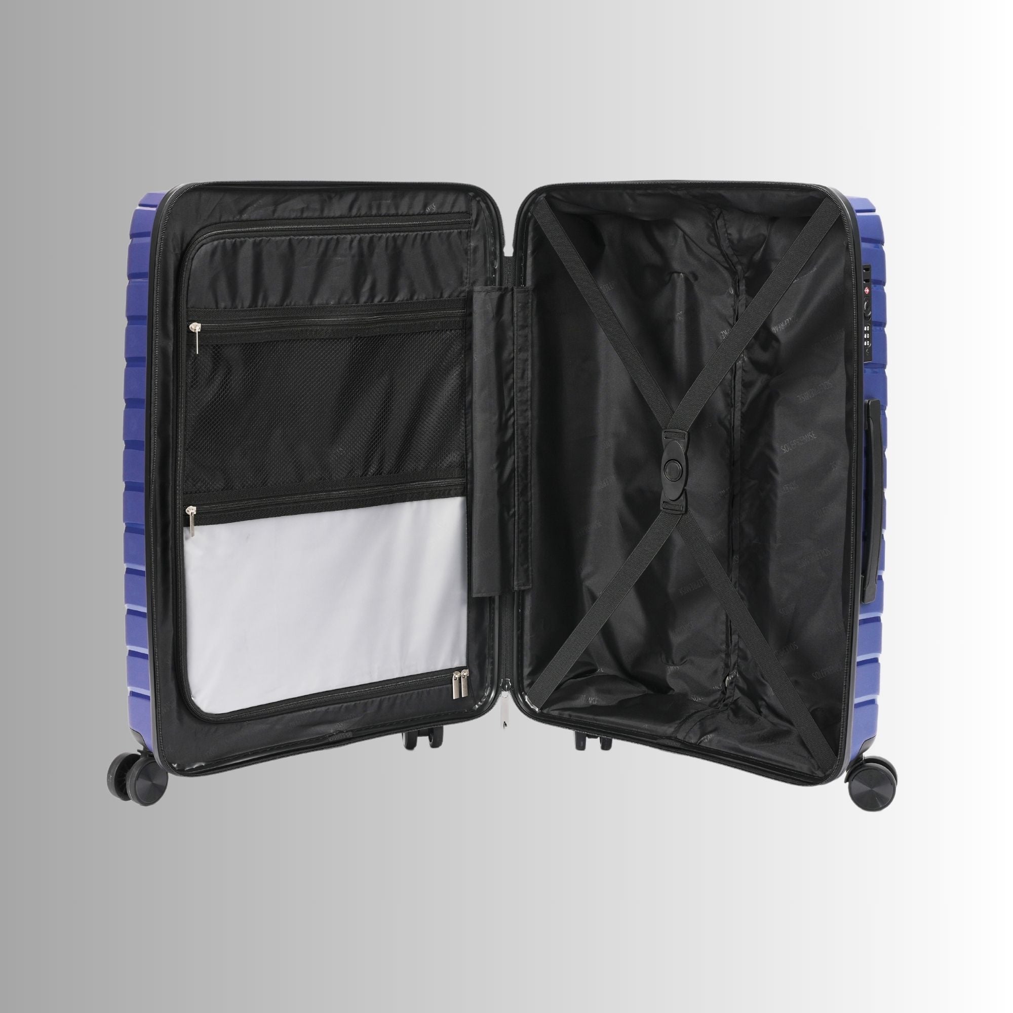 Open suitcase with blue exterior and black interior on a light gray background