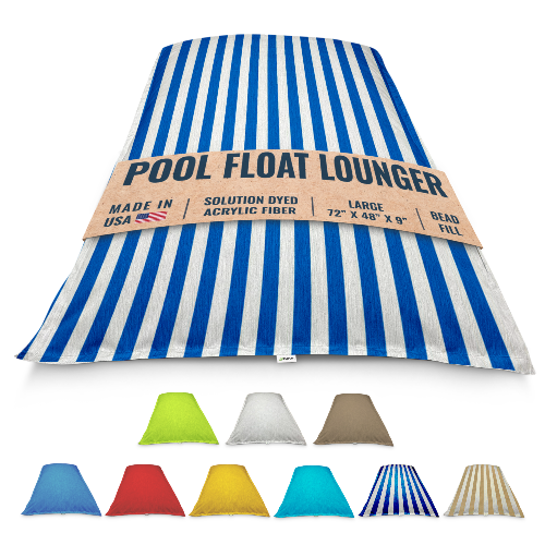 Blue and white striped pool float lounger with color options displayed below on a white background