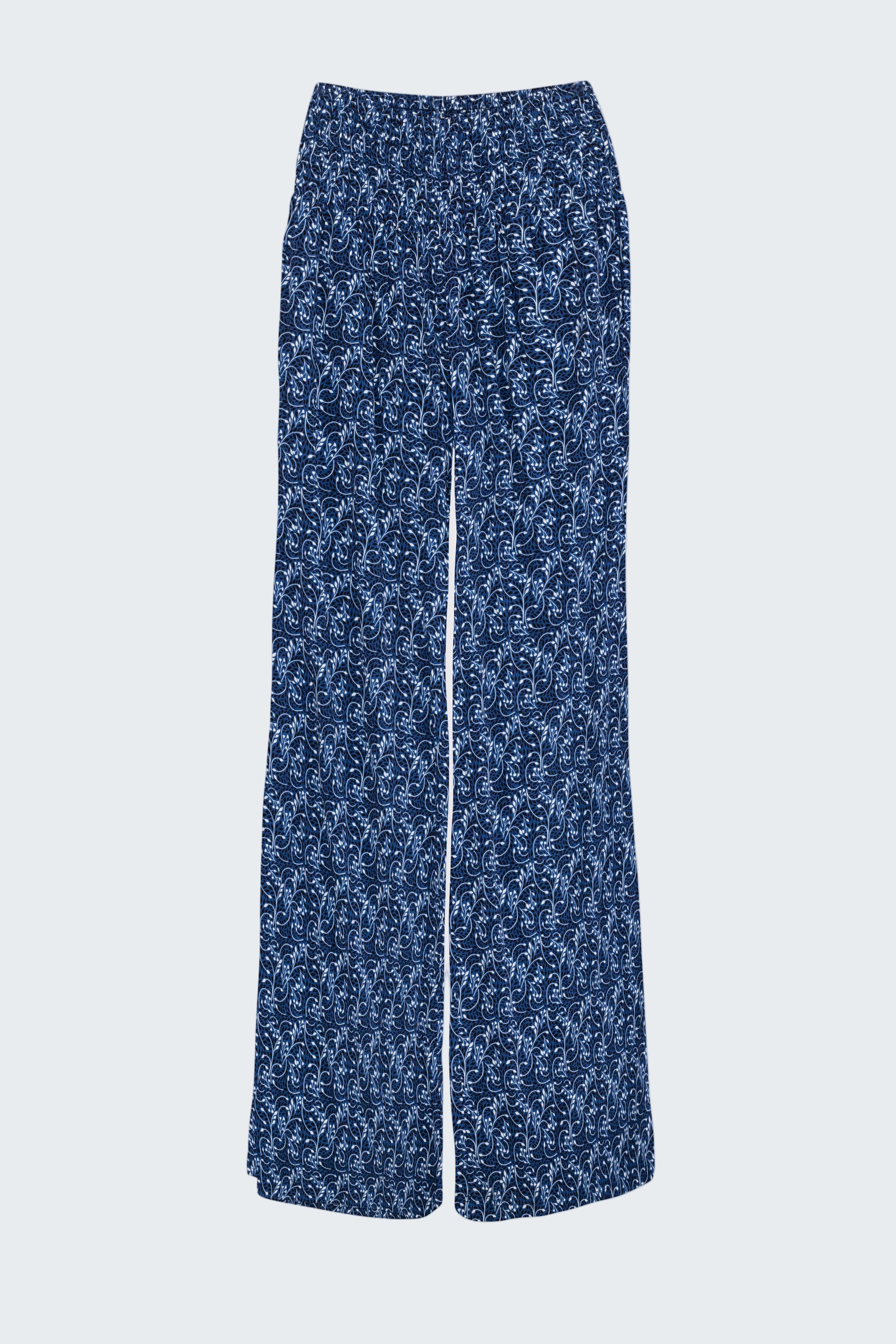 Blue patterned pants on a white background