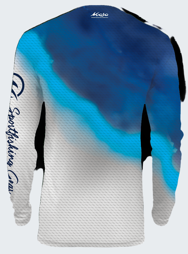 Long-sleeve shirt with blue and white gradient design on a transparent background