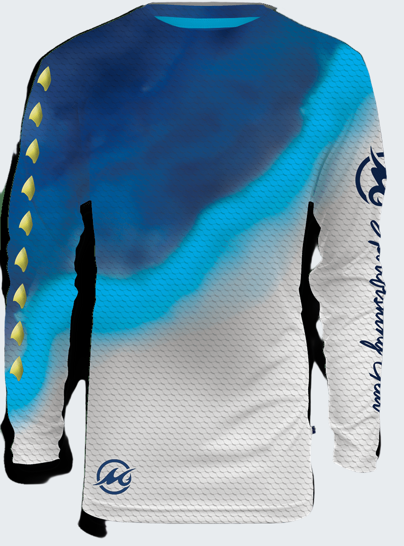 Long-sleeve shirt with blue, white, and black design on a transparent background