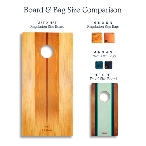 Comparison chart of cornhole board and bag sizes with Elakat branding.