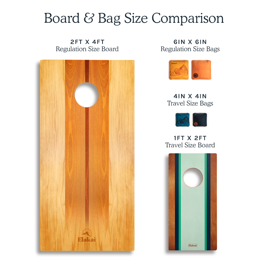 Comparison chart of cornhole board and bag sizes with Elakat branding.