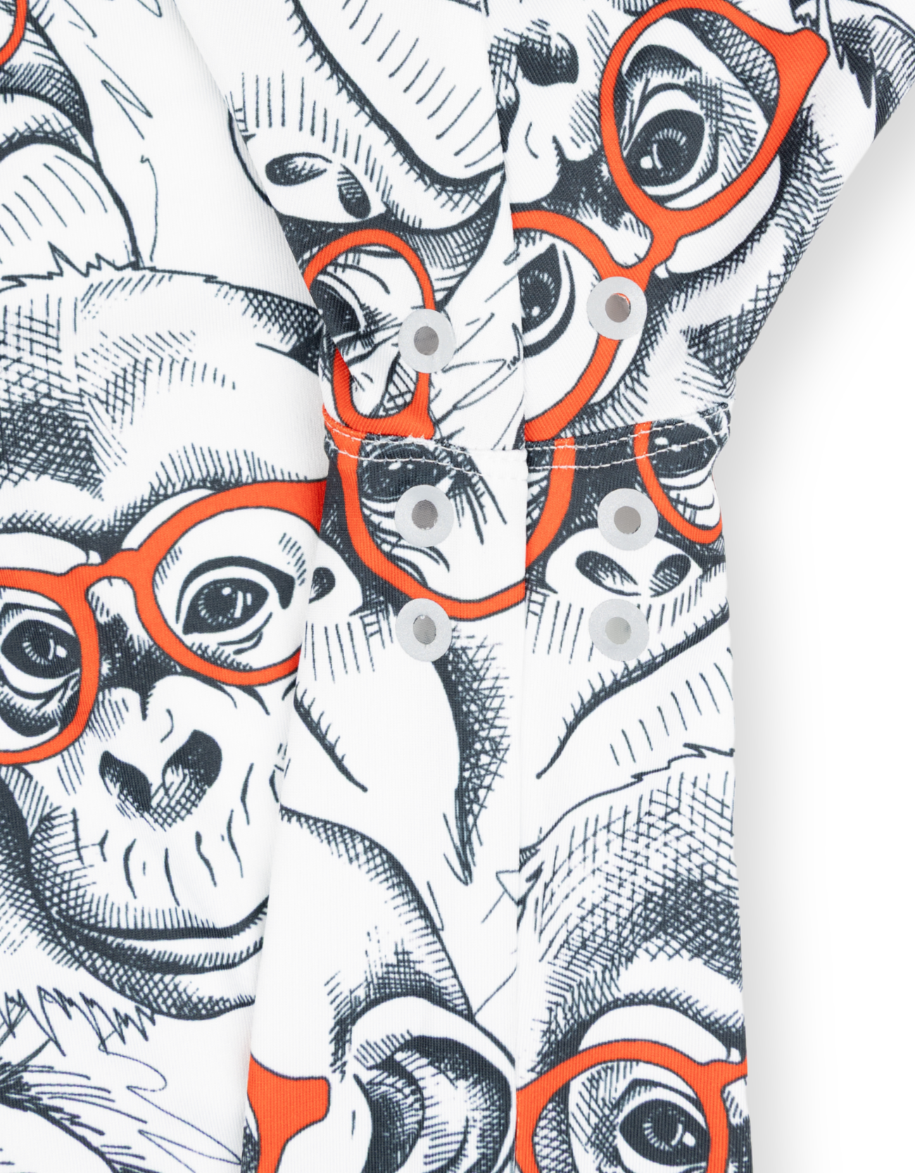Pattern of black and white faces with orange glasses on a white background