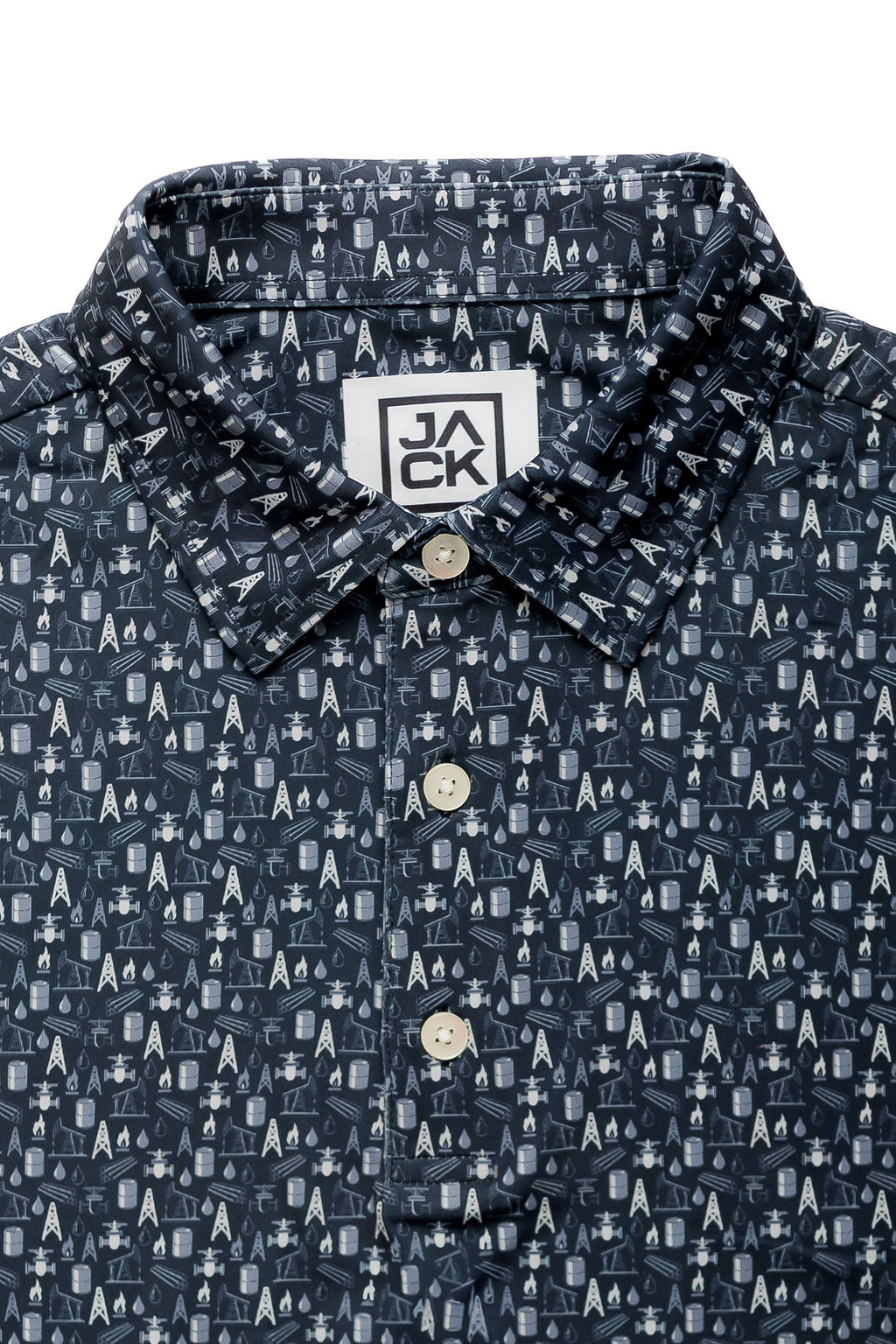 Navy blue shirt with white pattern and 'JACK' logo on a white background
