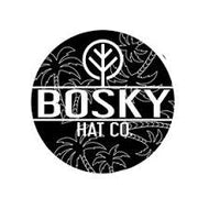 Circular logo of Bosky Hat Co with brand name and decorative elements on a black background